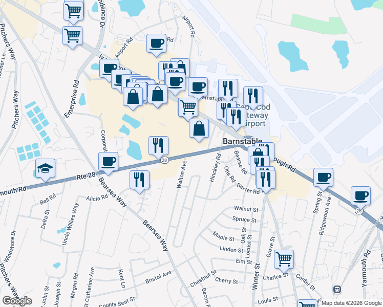 map of restaurants, bars, coffee shops, grocery stores, and more near Massachusetts 28 in Barnstable