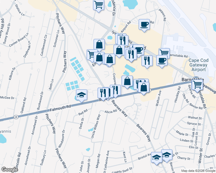 map of restaurants, bars, coffee shops, grocery stores, and more near 548 Bearses Way in Barnstable
