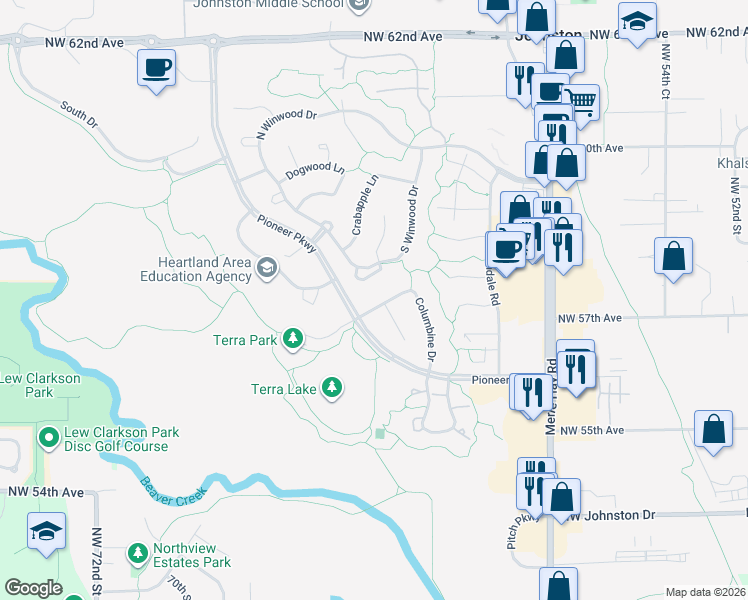 map of restaurants, bars, coffee shops, grocery stores, and more near 5750 Columbine Drive in Johnston