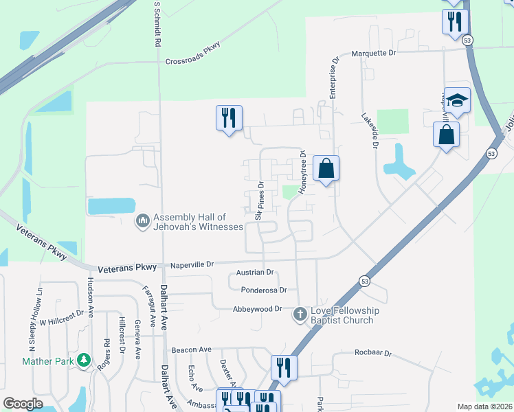 map of restaurants, bars, coffee shops, grocery stores, and more near 418 Walden Court in Romeoville