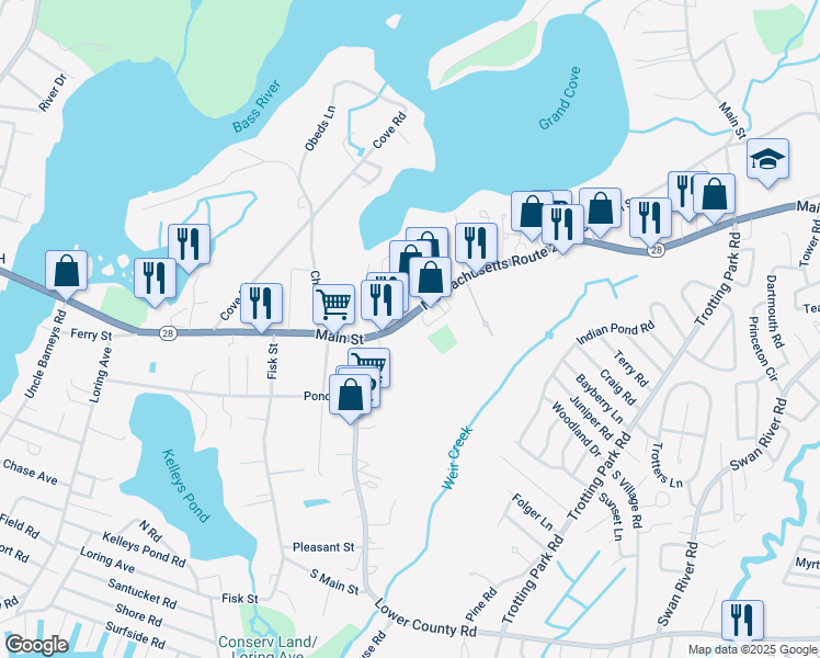 map of restaurants, bars, coffee shops, grocery stores, and more near 401 Main Street in Dennis