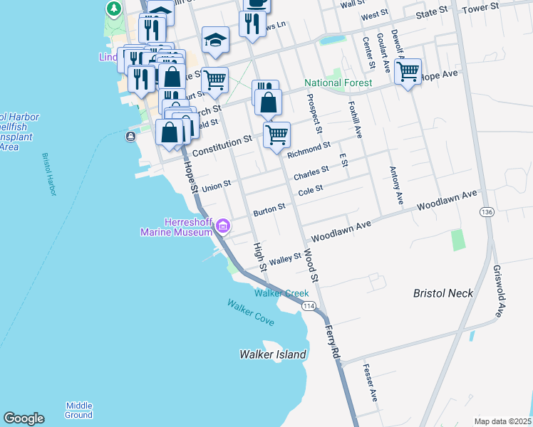 map of restaurants, bars, coffee shops, grocery stores, and more near 70 High Street in Bristol