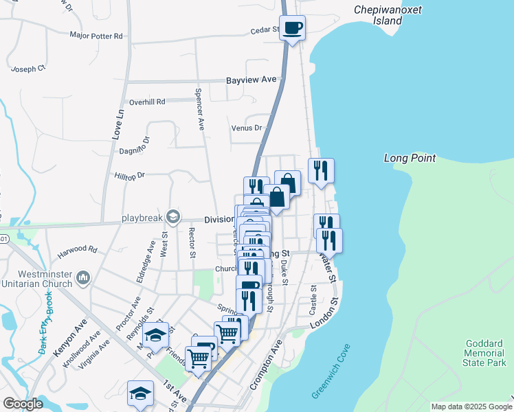 map of restaurants, bars, coffee shops, grocery stores, and more near 6 Main Street in East Greenwich