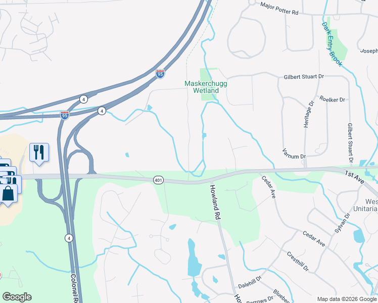 map of restaurants, bars, coffee shops, grocery stores, and more near 544 Green Bush Road in East Greenwich