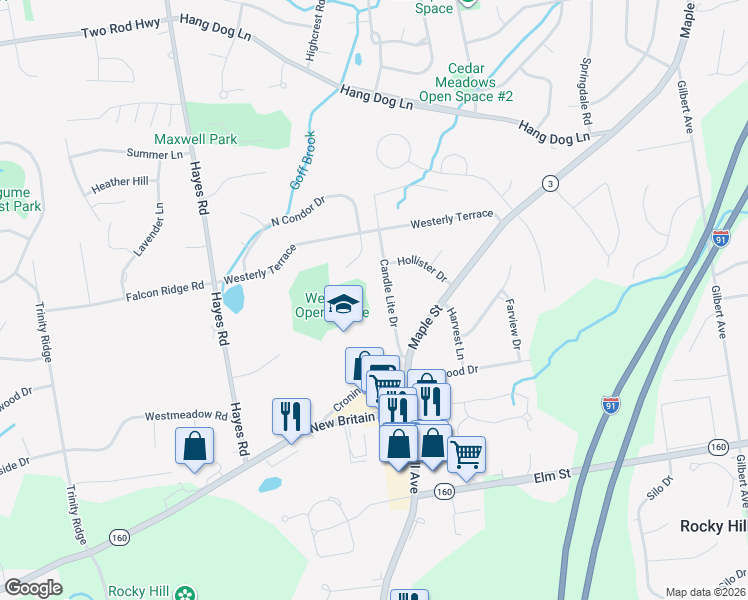 map of restaurants, bars, coffee shops, grocery stores, and more near 1 Dusty Lane in Rocky Hill