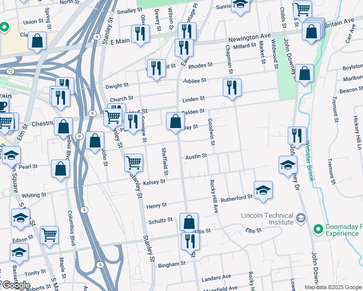 map of restaurants, bars, coffee shops, grocery stores, and more near 4 Austin Street in New Britain