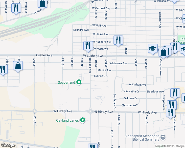 map of restaurants, bars, coffee shops, grocery stores, and more near 1 Sunrise Drive in Elkhart