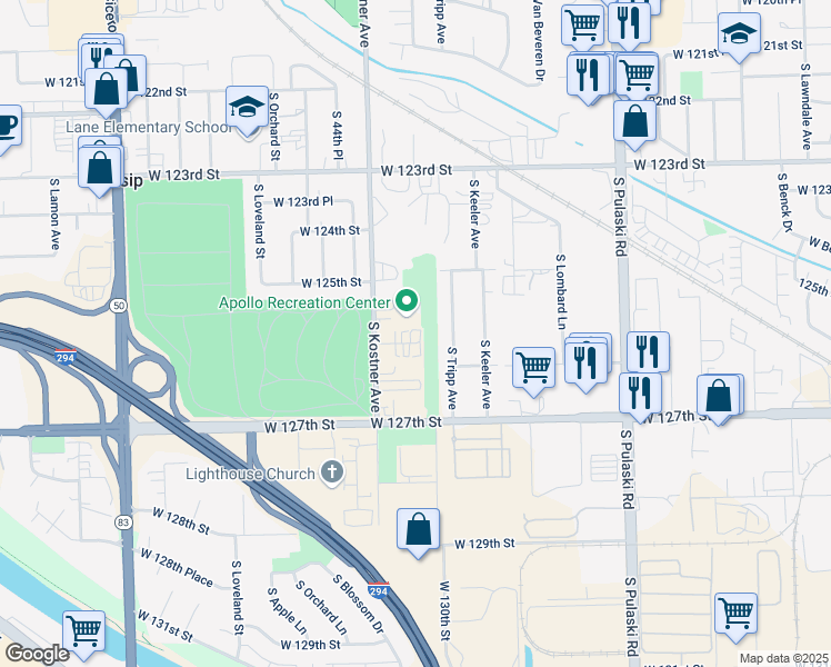 map of restaurants, bars, coffee shops, grocery stores, and more near 4309 West Park Lane Drive in Alsip