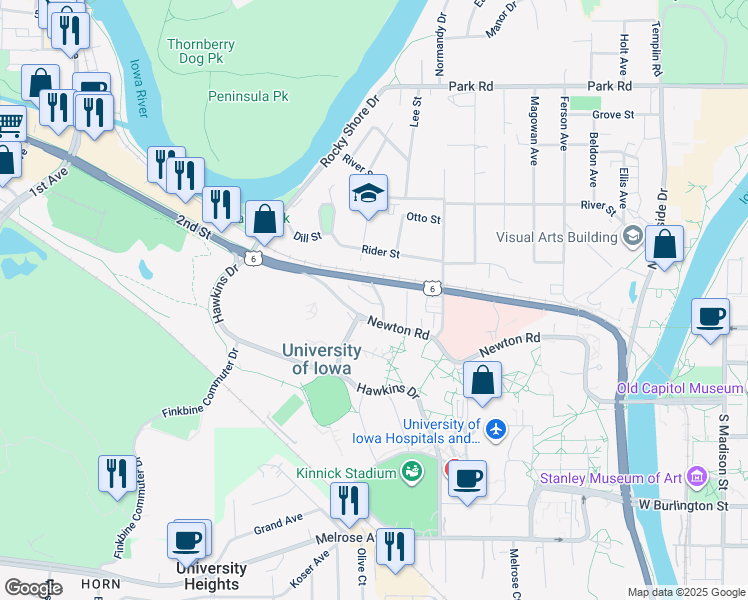 map of restaurants, bars, coffee shops, grocery stores, and more near 7 Valley Avenue in Iowa City