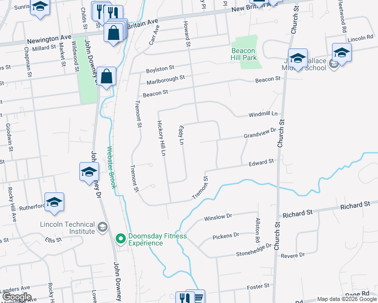 map of restaurants, bars, coffee shops, grocery stores, and more near 163 Eddy Lane in Newington