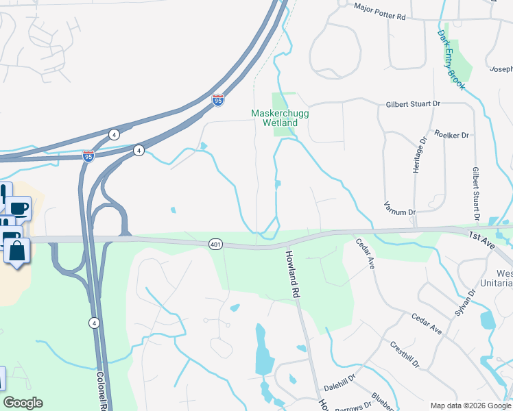 map of restaurants, bars, coffee shops, grocery stores, and more near 544 Green Bush Road in East Greenwich