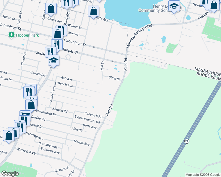 map of restaurants, bars, coffee shops, grocery stores, and more near 151 Fish Road in Tiverton