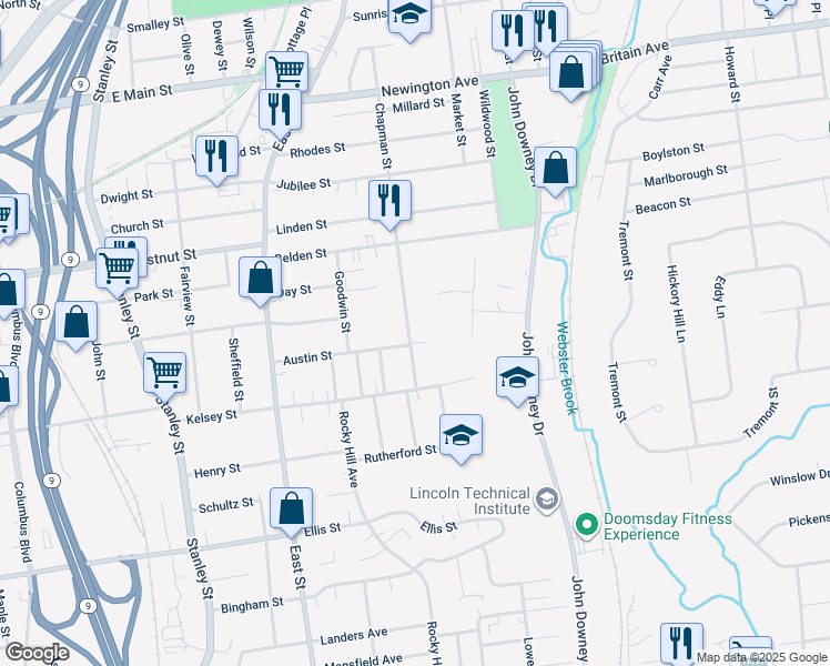 map of restaurants, bars, coffee shops, grocery stores, and more near 61 Chapman Street in New Britain