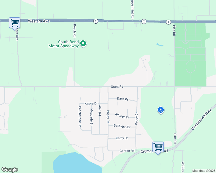 map of restaurants, bars, coffee shops, grocery stores, and more near 57001 Poppy Road in South Bend