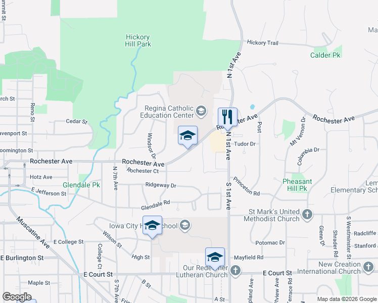 map of restaurants, bars, coffee shops, grocery stores, and more near 2011 Rochester Ave in Iowa City