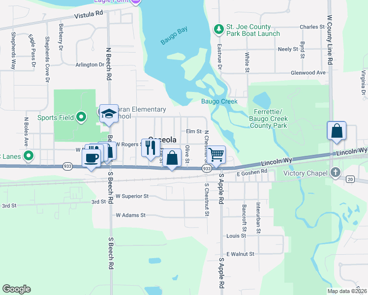 map of restaurants, bars, coffee shops, grocery stores, and more near 101-103 Osceola Avenue in Osceola