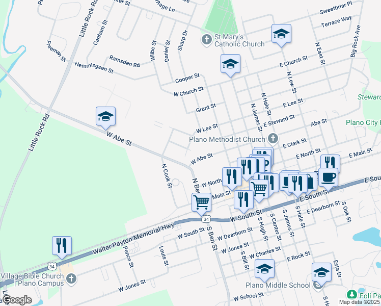 map of restaurants, bars, coffee shops, grocery stores, and more near 516 West Abe Street in Plano