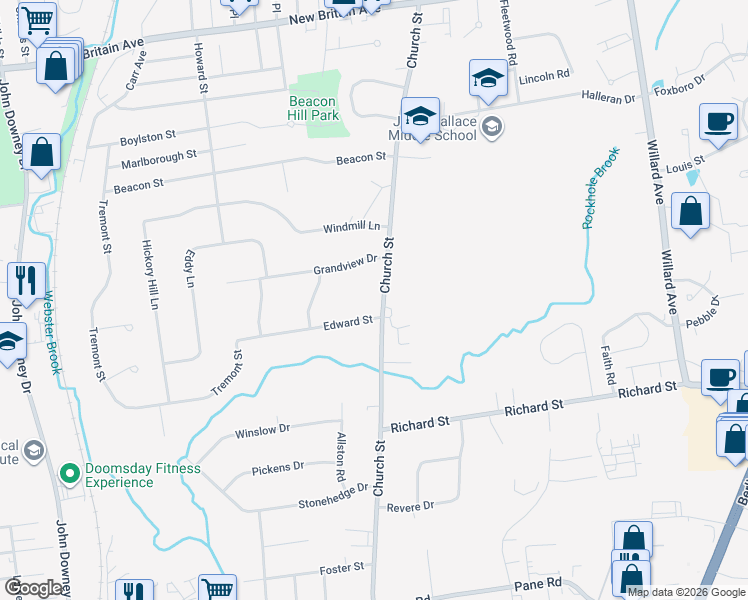 map of restaurants, bars, coffee shops, grocery stores, and more near 282 Church Street in Newington