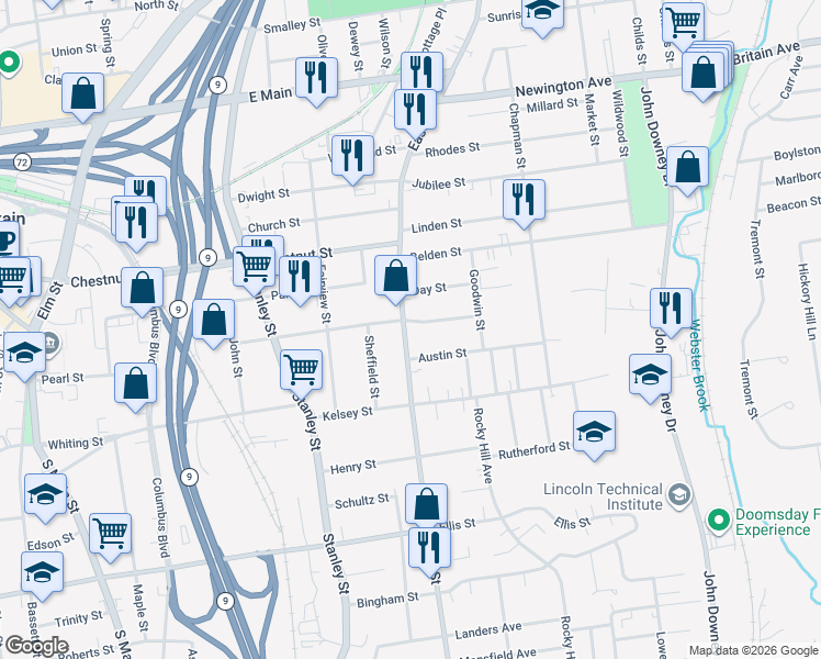 map of restaurants, bars, coffee shops, grocery stores, and more near 4 Austin Street in New Britain