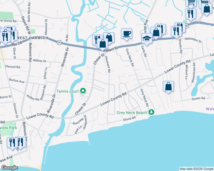 map of restaurants, bars, coffee shops, grocery stores, and more near 61 Pleasant Road in Harwich