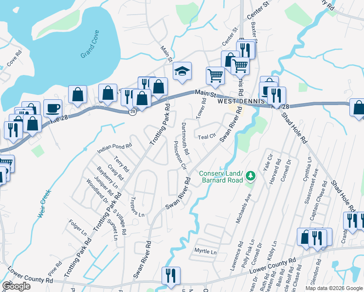 map of restaurants, bars, coffee shops, grocery stores, and more near 26 Princeton Circle in Dennis