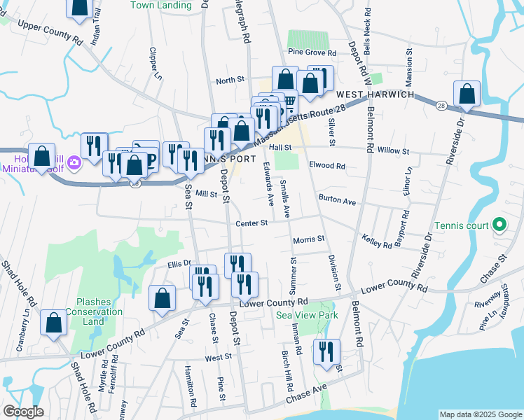 map of restaurants, bars, coffee shops, grocery stores, and more near 179 Center Street in Dennis