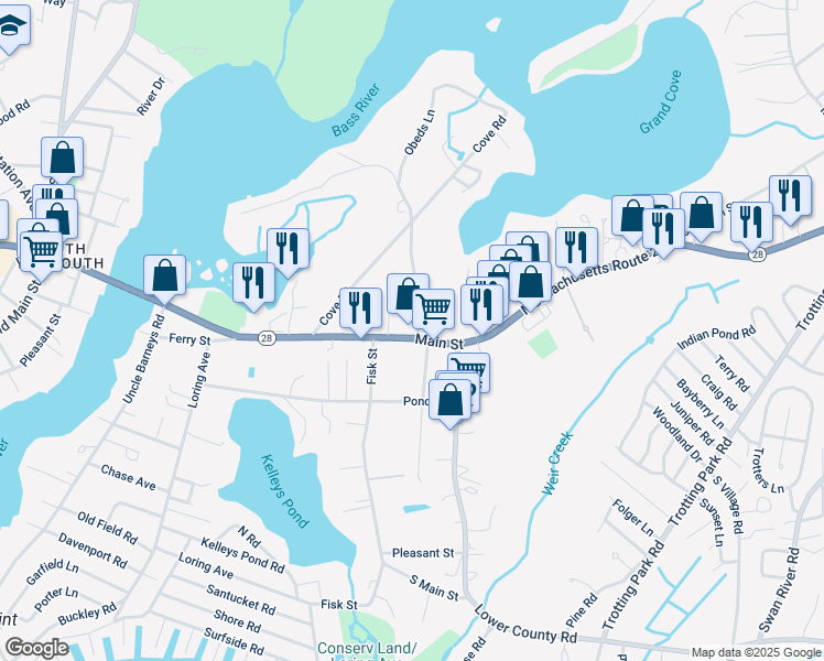 map of restaurants, bars, coffee shops, grocery stores, and more near 275 Main Street in Dennis