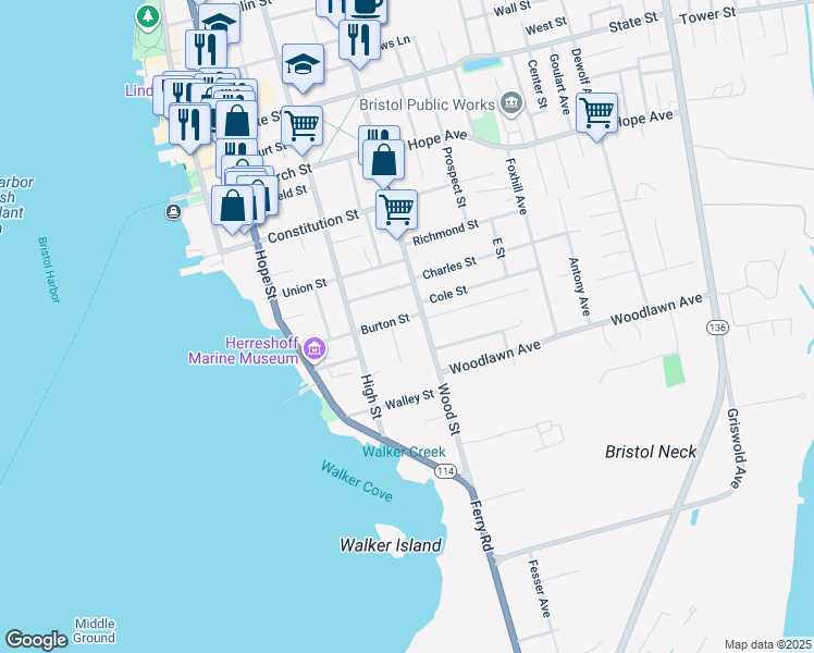 map of restaurants, bars, coffee shops, grocery stores, and more near 9 Howe Street in Bristol