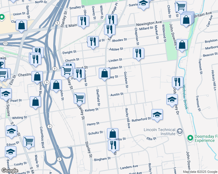 map of restaurants, bars, coffee shops, grocery stores, and more near 4 Austin Street in New Britain