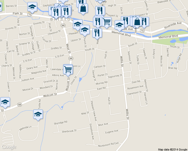 map of restaurants, bars, coffee shops, grocery stores, and more near 141 George Street in Bristol