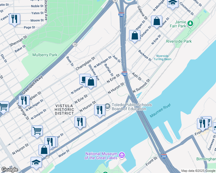map of restaurants, bars, coffee shops, grocery stores, and more near in Toledo