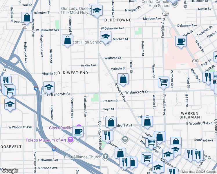 map of restaurants, bars, coffee shops, grocery stores, and more near 403 Bancroft Street in Toledo