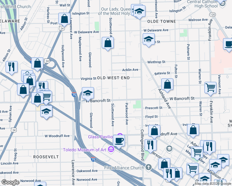 map of restaurants, bars, coffee shops, grocery stores, and more near 641 West Bancroft Street in Toledo