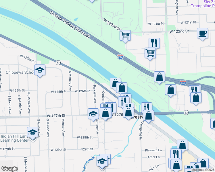 map of restaurants, bars, coffee shops, grocery stores, and more near 12535 West College Drive in Alsip