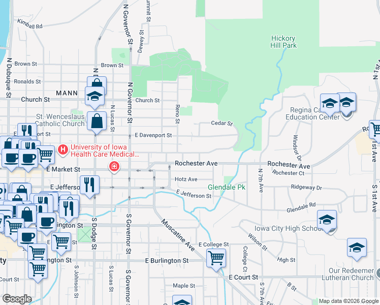 map of restaurants, bars, coffee shops, grocery stores, and more near 1204 Rochester Avenue in Iowa City
