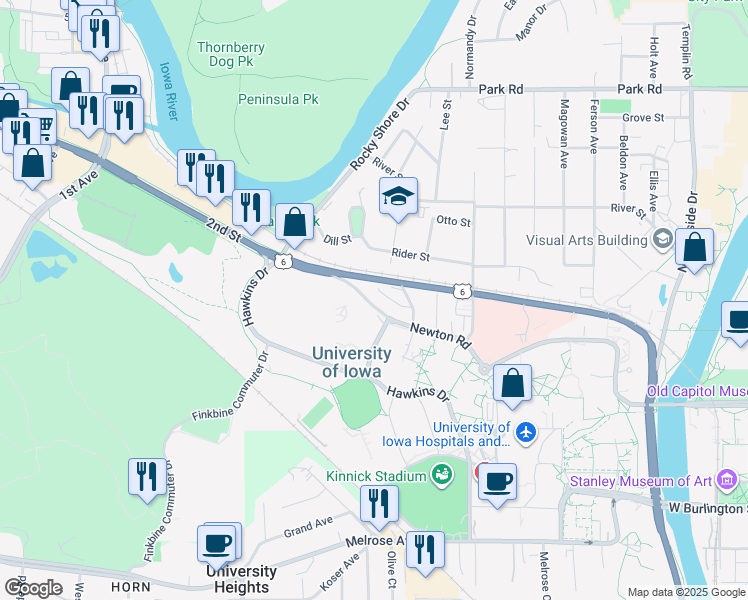 map of restaurants, bars, coffee shops, grocery stores, and more near 1 Elliott Drive in Iowa City