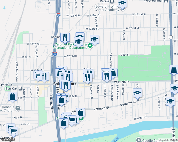 map of restaurants, bars, coffee shops, grocery stores, and more near 12621 Bishop Street in Calumet Park