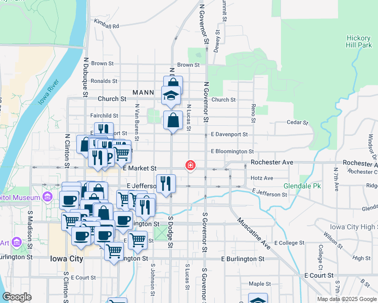 map of restaurants, bars, coffee shops, grocery stores, and more near 800 East Bloomington Street in Iowa City