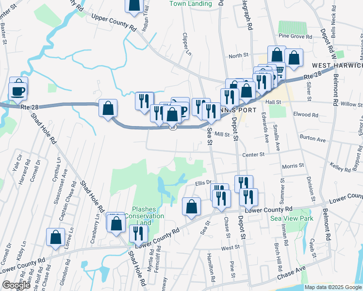 map of restaurants, bars, coffee shops, grocery stores, and more near 67 Center Street in Dennis