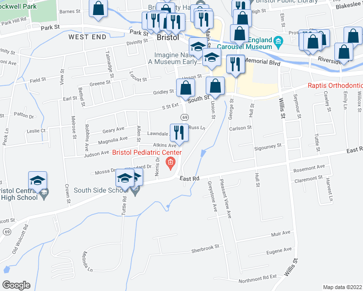 map of restaurants, bars, coffee shops, grocery stores, and more near Wolcott St & Atkins Ave in Bristol