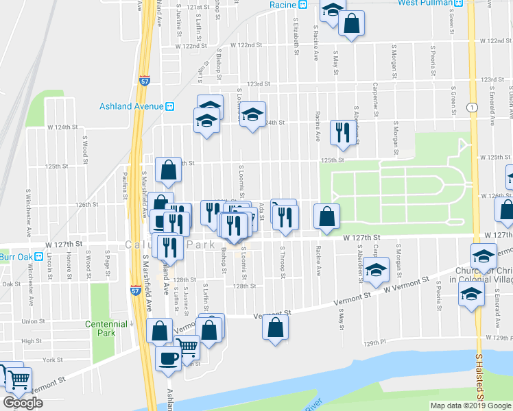map of restaurants, bars, coffee shops, grocery stores, and more near 12602 Ada Street in Calumet Park