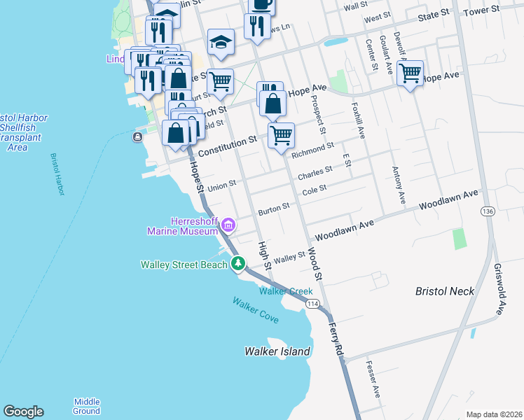 map of restaurants, bars, coffee shops, grocery stores, and more near 70 High Street in Bristol