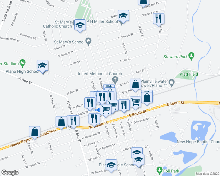 map of restaurants, bars, coffee shops, grocery stores, and more near N James St & Clark St in Plano