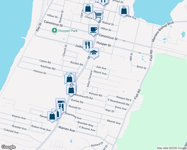 map of restaurants, bars, coffee shops, grocery stores, and more near 36 Evergreen Avenue in Tiverton