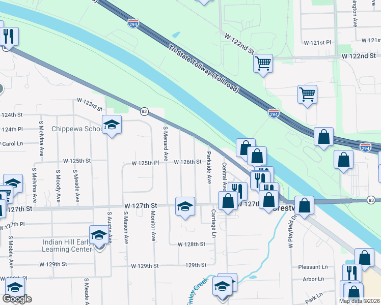 map of restaurants, bars, coffee shops, grocery stores, and more near 12601 South Major Avenue in Palos Heights