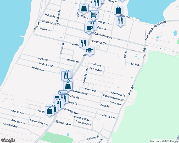 map of restaurants, bars, coffee shops, grocery stores, and more near 36 Evergreen Avenue in Tiverton