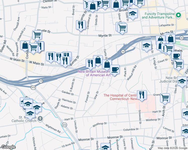 map of restaurants, bars, coffee shops, grocery stores, and more near 19 Murray Street in New Britain
