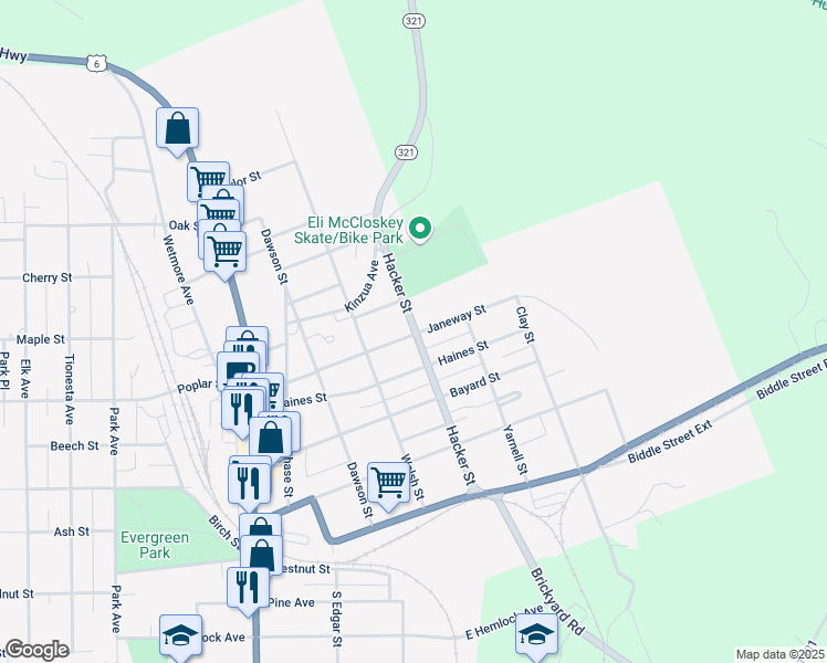 map of restaurants, bars, coffee shops, grocery stores, and more near Pennsylvania 321 in Kane