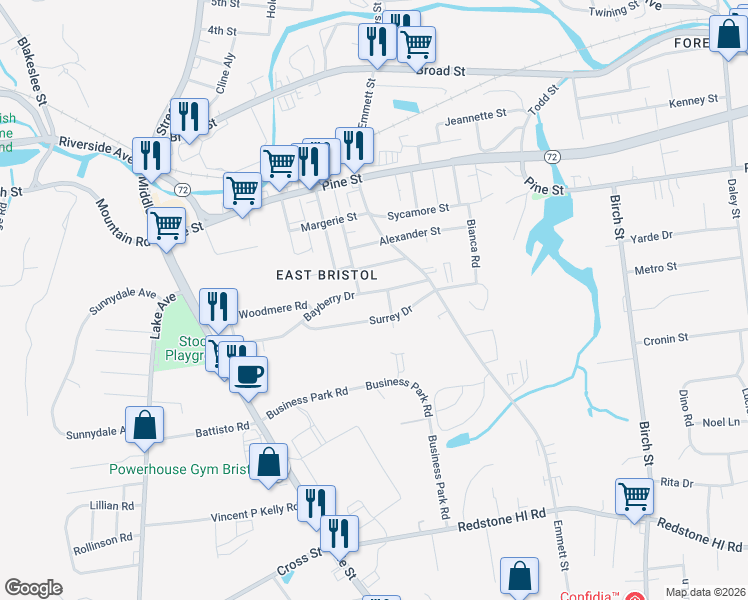 map of restaurants, bars, coffee shops, grocery stores, and more near 72 Surrey Drive in Bristol