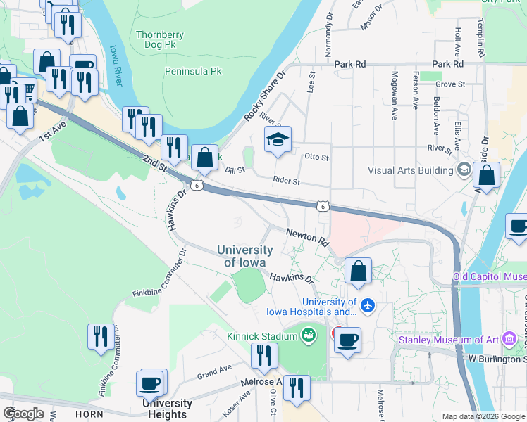 map of restaurants, bars, coffee shops, grocery stores, and more near 1038 Newton Road in Iowa City